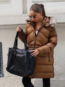 EURMUSE 女士纯色拉链和羽毛细节冬季大衣 - 米色 - 查看 5