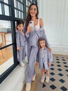 SHEIN Babygirl Cute Vacation Casual Versatile Blue & White Striped Bowknot Long Sleeve Shirt & Elastic Waist Pants Set Fall Winter