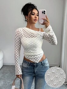 Selianne Fashionable New Oblique Shoulder Lace Sexy Lace Long Sleeve Women T-Shirt - Apricot - View 1
