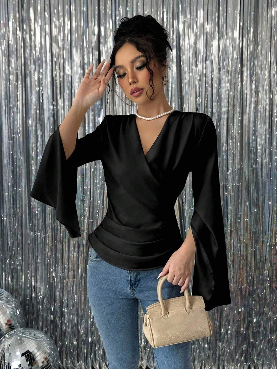 Chiquease Women Elegant Solid Color V-Neck Split Cuff Long Sleeve Wrap Blouse Fall Cloth For Women - Black - View 1