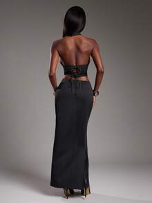 NYA SZN 裙子高腰修身纹理拉链日常休闲商务休闲办公室活动办公室教师早午餐场合超长女士服装 - 黑色 - 查看 5