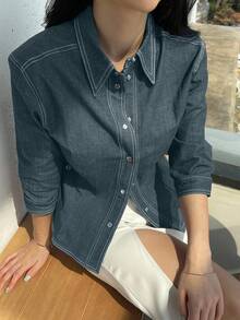 DAZY Women's Solid Color Fitted Short Denim Blouse, Autumn - Light Wash - View 5