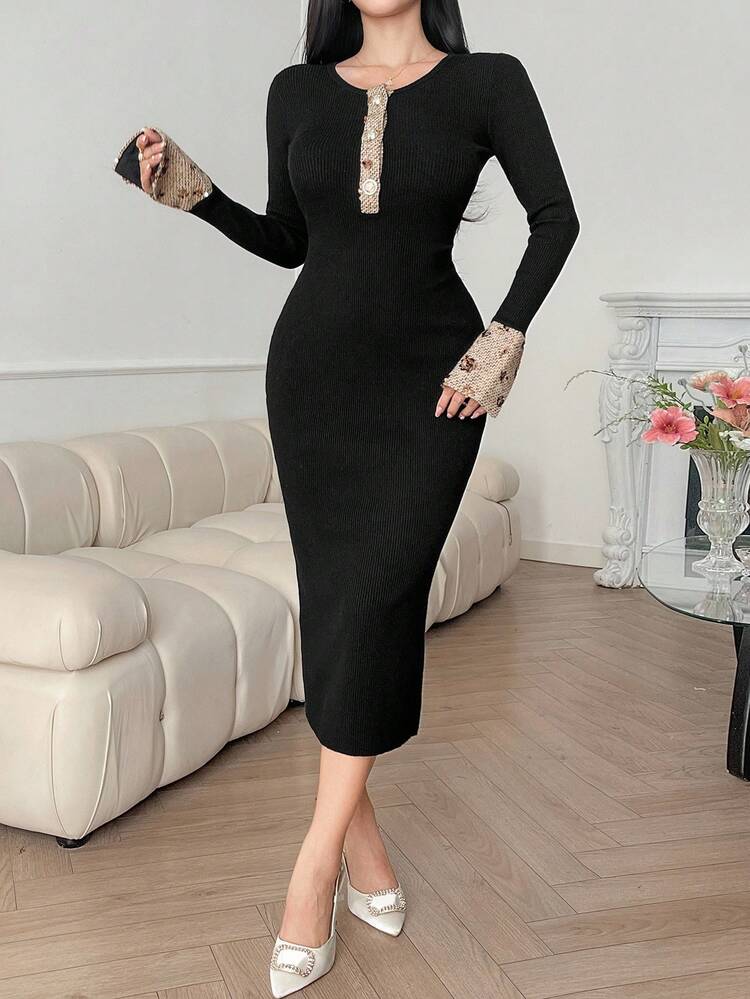 Women's Crew Neck Fitted Long Sleeve Fashionable Knit Sweater Dress