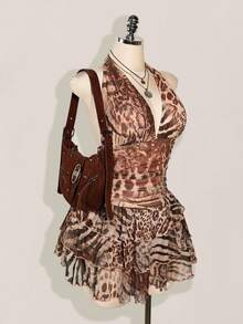 SHEIN ICON Vestido de malla con cuello halter, cintura fruncida y estampado de leopardo en talla grande - Multicolor - Ver 5