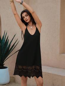 Wildy Váy ngắn màu mơ kiểu BOHO mùa hè, phong cách đồng quê Mỹ, áo hai dây ren phối màu, váy slip đen, váy viền ren đen, váy hai dây đen, váy hè đen, váy maxi đen, trang phục thường ngày cho nữ. - màu đen - Xem 3