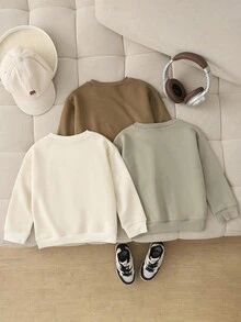 SHEIN Playful Pals 3件套男女通用百搭休闲长袖圆领套头卫衣，婴儿卫衣，宽松百搭，男女宝宝秋冬卫衣，男宝宝套头衫，男宝宝套头衫，中性色婴儿服装，男女宝宝纯色卫衣，婴儿圆领卫衣，婴儿秋季卫衣 - 白色 - 查看 2