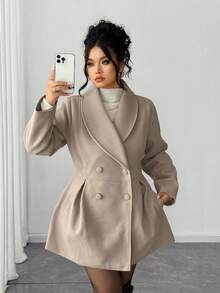 Elenzga Plus Size Fashionable Versatile Double-Breasted Overcoat, Autumn/Winter - Khaki - View 1