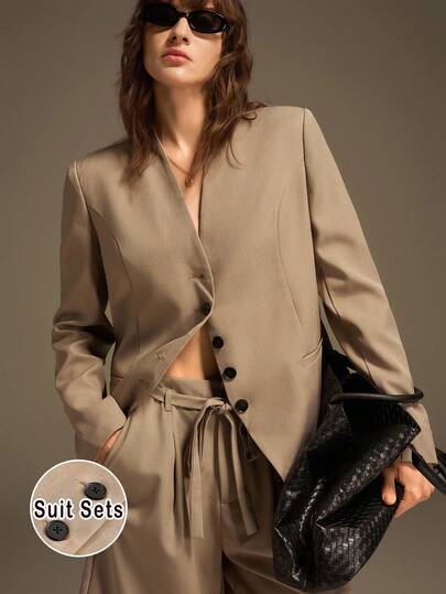 Ontre 2025 秋冬新款 V 领长袖单排扣夹克和裤子办公室套装，都市时尚，简约时尚通勤装，优雅教师节、办公室、节日装