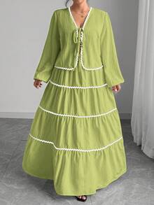 SHEIN Tall 大码女式编织纹理长袖系带前拼色荷叶边下摆开衫和中长裙两件套，法式优雅浪漫 - 綠色 - 查看 3