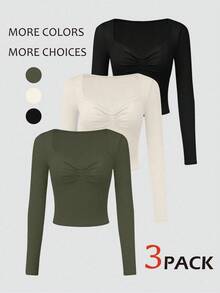 Chiquease Conjunto de 3 camisetas de manga larga de punto con cuello de pico, en color rosa, albaricoque y negro, de estilo elegante y casual para otoño/invierno. Camisetas de punto suaves y elásticas, de ajuste ceñido, ideales para uso diario y combinar con diferentes looks. Conjunto de 3 tops básicos para mujer, perfectos para el Día de San Valentín. - Verde militar - Ver 1