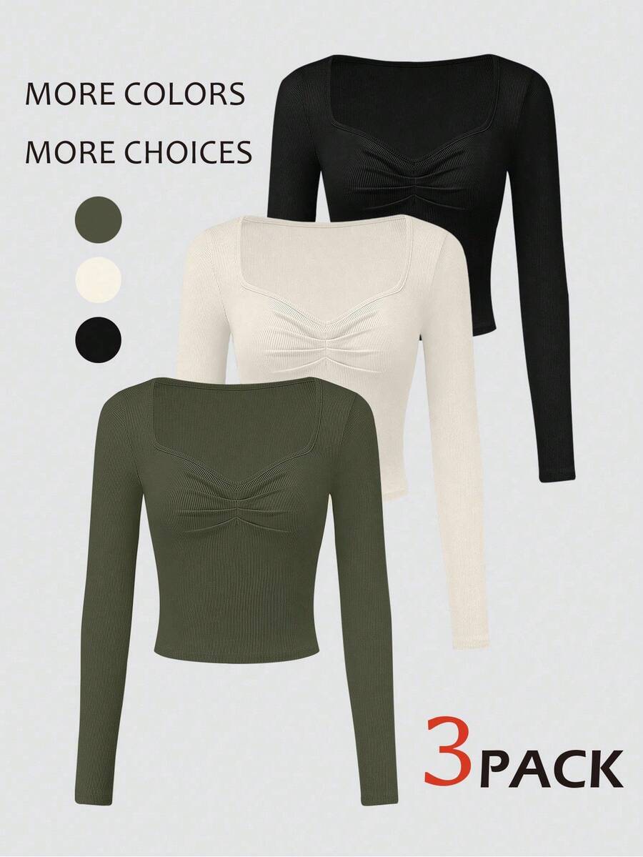 Chiquease Conjunto de 3 camisetas de manga larga de punto con cuello de pico, en color rosa, albaricoque y negro, de estilo elegante y casual para otoño/invierno. Camisetas de punto suaves y elásticas, de ajuste ceñido, ideales para uso diario y combinar con diferentes looks. Conjunto de 3 tops básicos para mujer, perfectos para el Día de San Valentín. - Verde militar - Ver 1