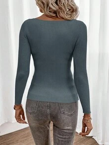 EMERY ROSE Casual Solid Color Slim Fit Sweater, Autumn,Fall - Teal Blue - View 2