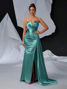 Glamrae 优雅奢华 V 领褶饰侧垂高开衩鱼尾长裙、晚礼服 - 薄荷藍 - 查看 5