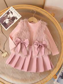 SHEIN Babygirl Fluffy Cardigan & Pleated Skirt 2-Piece Set, Cute & Versatile For Autumn/Winter Toddler Girl Pink Dress Baby Girl Faux Fur Vest 2 Piece Baby Girl Outfit Baby Girl Clothes Winter Toddler Girl Winter Outfit Fall - Pink - View 1