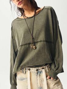 Bohemela Autumn Boho Music Festival Halloween Casual Solid Color Knit Crew Neck Long Sleeve Loose Washed Women T-Shirt