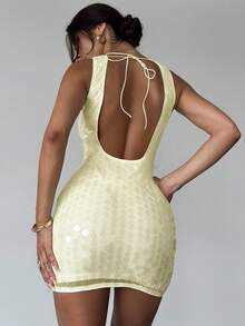 Firerie 女式性感露背无袖紧身迷你连衣裙，奶油黄色亮片刺绣，适合度假、音乐节、派对、返校季 - 黃色 - 查看 9