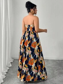 Elenzga 大码女式优雅浪漫花卉印花露肩A字型长裙，夏季度假风 - 藏蓝色 - 查看 2