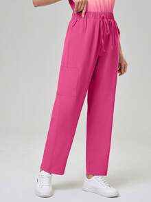 TaskEZ Conjunto de uniforme de scrubs con top de manga corta en degradado y pantalones de unicolor - Rosa - Ver 5