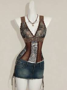 SHEIN ICON 女士性感火辣复古千禧风 Y2K 现代时尚个性前卫波西米亚风黑色佩斯利混色豹纹拼接网纱蕾丝撞色异域风情缎带V领修身上衣 - 彩色 - 查看 3