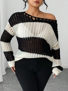 SHEIN Tall CURVE 大码女式撞色镂空透视休闲套头衫，百搭长袖，春夏季 - 黑與白 - 查看 4