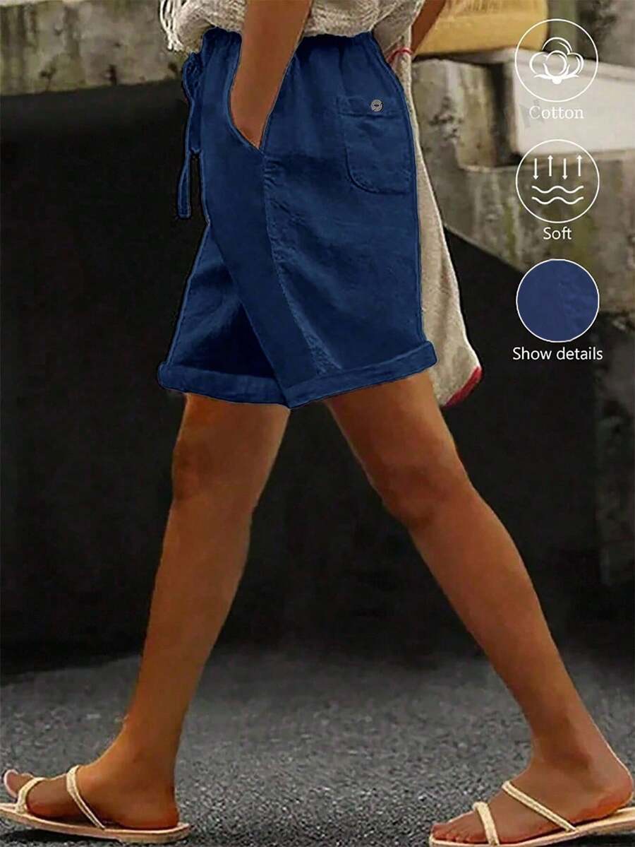 EMERY ROSE 纯色前系带口袋简约短裤，休闲日常穿着 - 藍色 - 查看 1