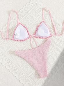 SHEIN Swim Bộ bikini 2 mảnh xếp nếp thắt nơ phía trước eo xếp ly thời trang dự tiệc năng động dễ thương ngọt ngào - Hồng - Xem 2