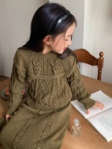 DAZY Young Girls Casual Solid Color Knitted Sweater And Skirt Set, Autumn/Winter - Green - View 5