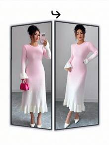 Elenzga Đầm len midi dáng ôm dáng thời trang thanh lịch, sang trọng, thiết kế độc đáo, cổ tròn ombre, viền bèo nhún, dành cho nữ, mặc đi chơi, hẹn hò, đi làm, đi tiệc, thu đông - Hồng - Xem 5