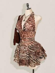 SHEIN ICON Vestido de malla con cuello halter, cintura fruncida y estampado de leopardo en talla grande - Multicolor - Ver 6