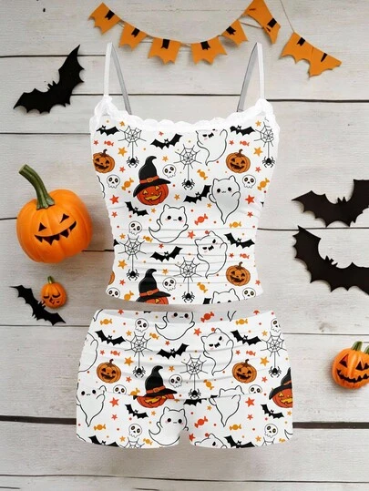 SHEIN EZwear Halloween Sexy Pumpkin, Ghost, Bat, Spider Web Cute Print Lace Camisole And Ruched Shorts 2 Pieces Set, Suitable For Halloween, Party, Intimate Apparel