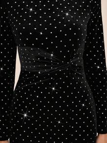 EMERY ROSE 女士黑色天鹅绒水晶缀饰修身中长连衣裙，秋冬长袖新年装黑色天鹅绒连衣裙圣诞派对女士连衣裙长款冬装新年前夜装新年装长袖连衣裙节日派对女士连衣裙闪光连衣裙女士连衣裙，波尔卡圆点连衣裙 - 黑色 - 查看 7