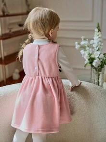 Souflis Souflis 2pcs Baby Girls' French Casual Velvet Ribbed Top & Pink Pinafore Dress Set,Cute Matching Family Pink And White Autumn Outfit With Bow Accent,Toddler - Pink - View 2