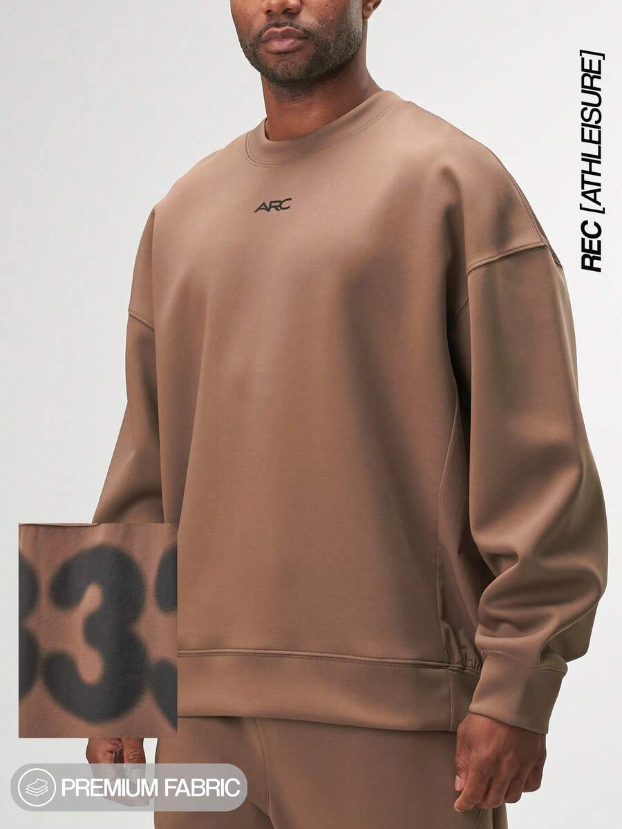 Sudadera casual de cuello redondo con gráfico de letras y hombros caídos para hombres, de manga larga, para otoño - Marrón - Ver 1