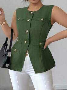 Elenzga 加大码梭织面料优雅精致法式高端简约百搭舒适前开合腰部无袖夹克，适合女士夏季 - 軍綠色 - 查看 3
