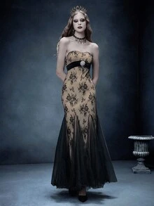 Glisette 女士黑色蕾丝抹胸高腰修身中长连衣裙 - 黑色 - 查看 1