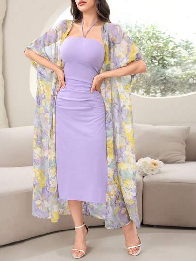 Modelyn 女式夏季花卉印花蝙蝠袖开衫和紧身吊带连衣裙优雅两件套服装