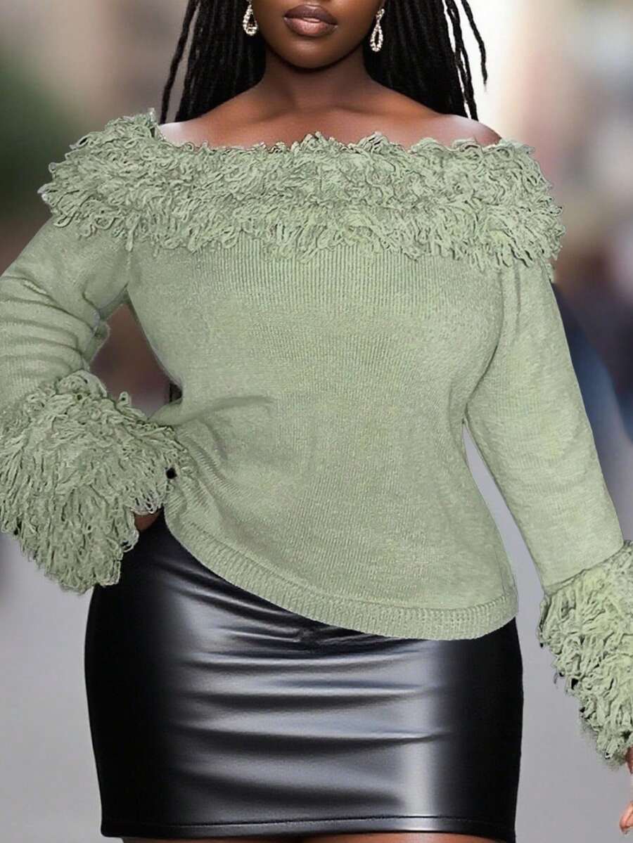 Veslaya 2025年新款大码牛油果绿露肩羊毛长袖修身套头衫 - 綠色 - 查看 1