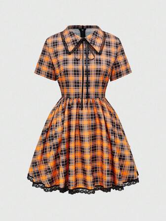 ROMWE Avant Dunkel Halloween kariertes Spitzen-Patchwork Schleife Dekor Damen Mini Kleid