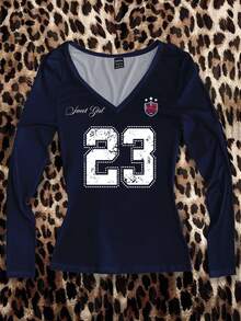 Attitoon 朋克酷炫数字印花V领长袖T恤，适合女性，万圣节、Y2K风格、街头服饰、复古、返校季、秋季、度假、休闲、秋冬、嘻哈、核心美学、哥特、赛博哥特风格。Y2K女式橄榄球衫、美国女式球衣、棒球衫、Y2K女式球衣 - 白色 - 查看 5