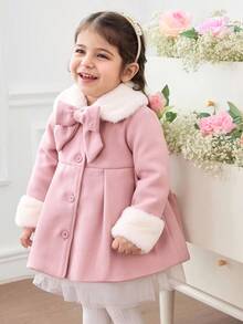 SHEIN Babygirl Cute Pink Fuzzy Collar Patchwork Jacket, Autumn/Winter Baby Girl Coats Baby Girl Pink Coat Toddler Girl Coats Girls Winter Coat Girls Dress Coat Fall - Pink - View 4