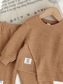 SHEIN 2pcs Babygirl Casual Knit Khaki Long Sleeve Top And Elastic Waist Pants Set, Autumn/Winter Toddler Set Brown Baby Outfit Baby Set Autumn Winter Baby Clothes Set Mocha Baby Set - Khaki - View 7