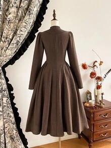 Vintamour 复古优雅女装二合一带口袋羊毛针织拼布休闲通勤连衣裙秋季 - 棕色 - 查看 8