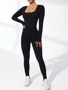Easithlete Solid Color Long Sleeve Slim Fit Ribbed Jumpsuit