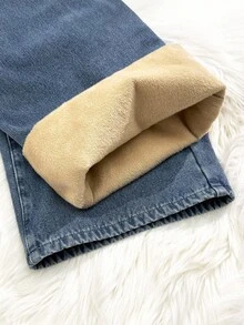 SHEIN 少女宽松抽绳腰蓝色牛仔保暖裤，秋冬季，保暖内衬牛仔裤，冬季牛仔裤，牛仔裤，保暖牛仔裤，休闲学院风，舒适时尚，简约实用，百搭柔软棉质面料，适合日常穿着、上学、旅行、户外活动，秋冬季返校季 - 中等水洗藍 - 查看 6