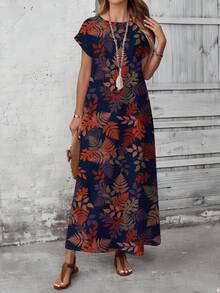 EMERY ROSE 感恩节叶子图案百搭女式连衣裙，复古花卉印花加大码连衣裙 - 彩色 - 查看 4
