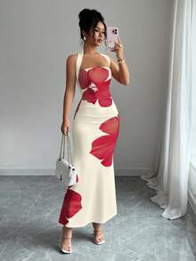 Elenzga Women's 2025 Summer Halter Tie Waist Slim Fit Printed Mid-Length Dress - Apricot - View 3