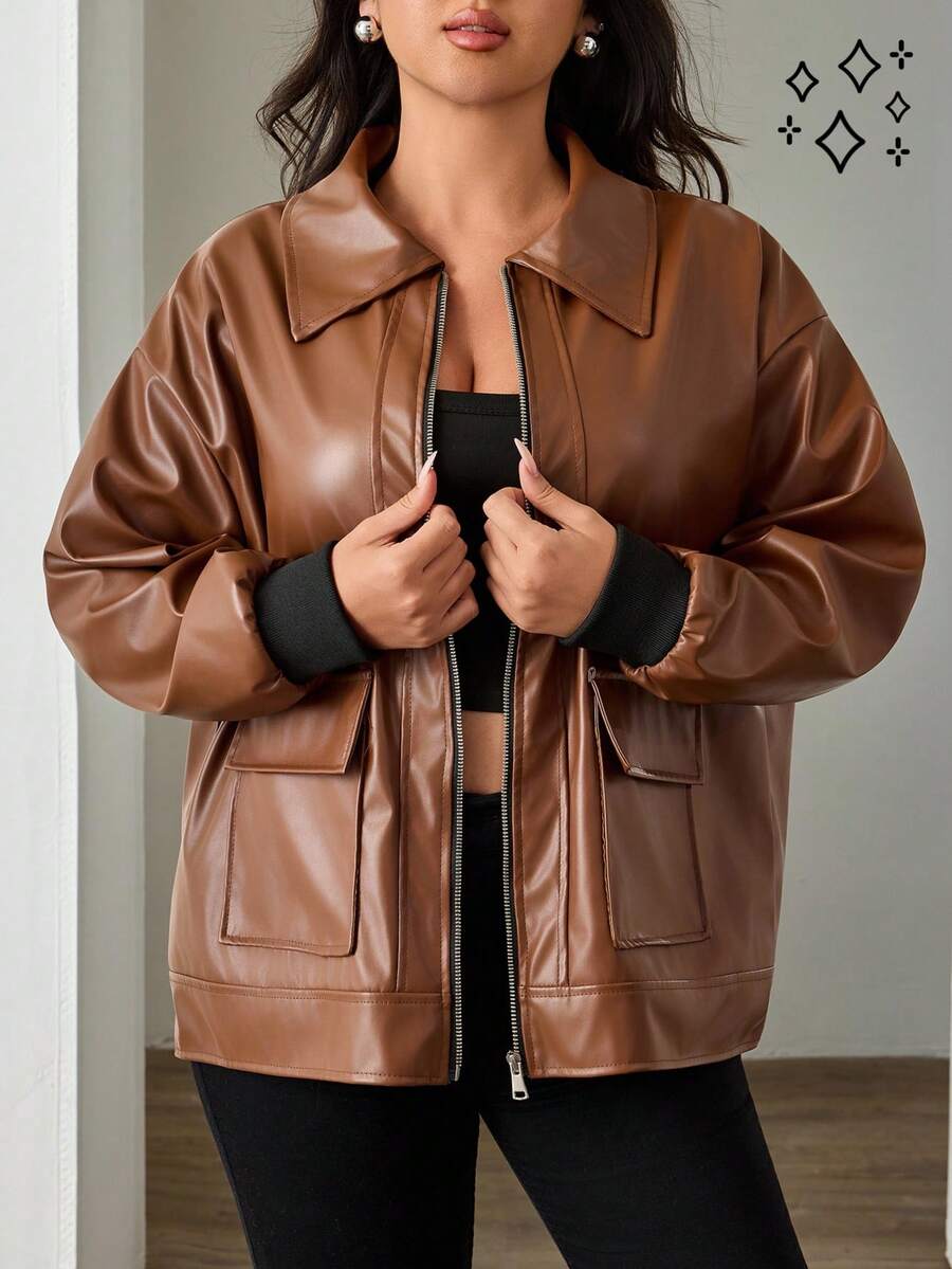 EURMUSE Veste décontractée ample à manches longues en PU avec fermeture éclair pour femmes, printemps et automne, plus hiver - Rouge foncé - Voir 1