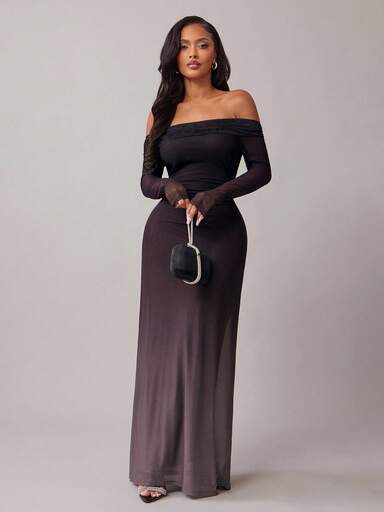 SHEIN X Phaith Montoya Radiana Women's Sexy & Elegant Dark Purple + Brown Ombre Off Shoulder Bodycon Mermaid Dress, Suitable For Dates, Gatherings, Birthdays, Banquets, Parties, Clubs, Balls, And Formal Occasions. Fitted Waist Design Accentuates Figure.