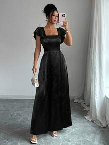 Elenzga 女式方领荷叶边袖系带连衣裙，下摆开衩，绿色提花面料，百搭，适合伴娘、舞会、毕业典礼、通勤，舒适时尚，极具吸引力 - 黑色 - 查看 7