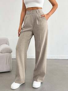 EURMUSE 大码女式灰色混色高腰阔腿裤，带纽扣和拉链细节 - 米色 - 查看 4